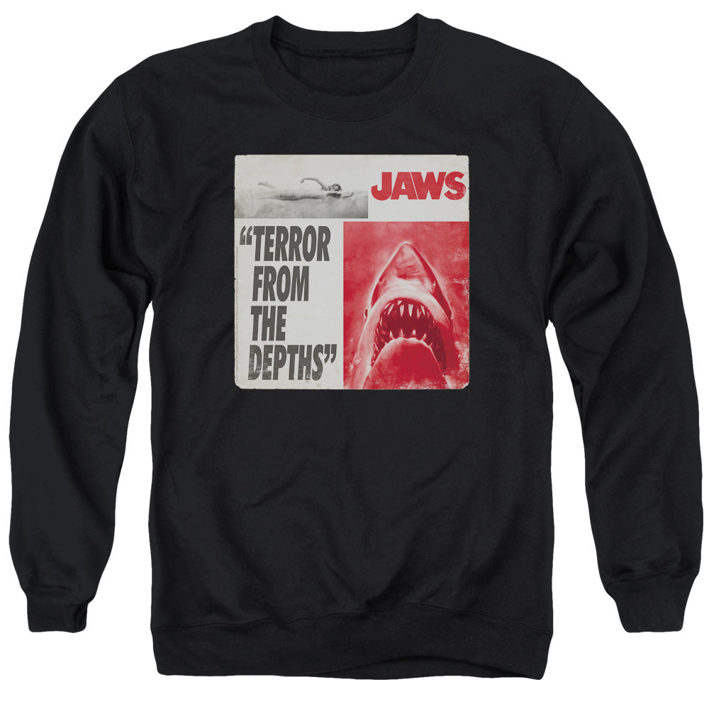 AN OFFCIALLY LICENSED JAWS TERROR ADULT UNISEX CREWNECK SWEATSHIRT BLACK