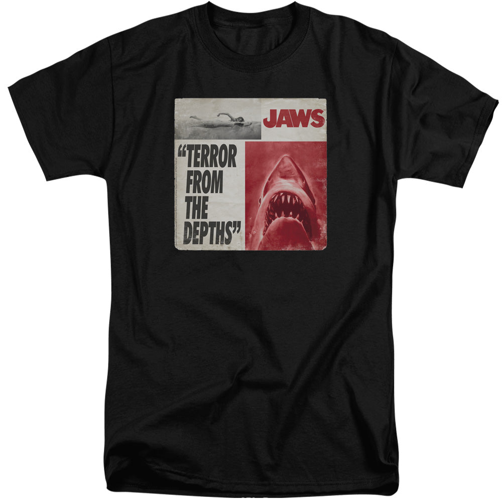 AN OFFCIALLY LICENSED JAWS TERROR MEN'S TALL FIT T-SHIRT BLACK