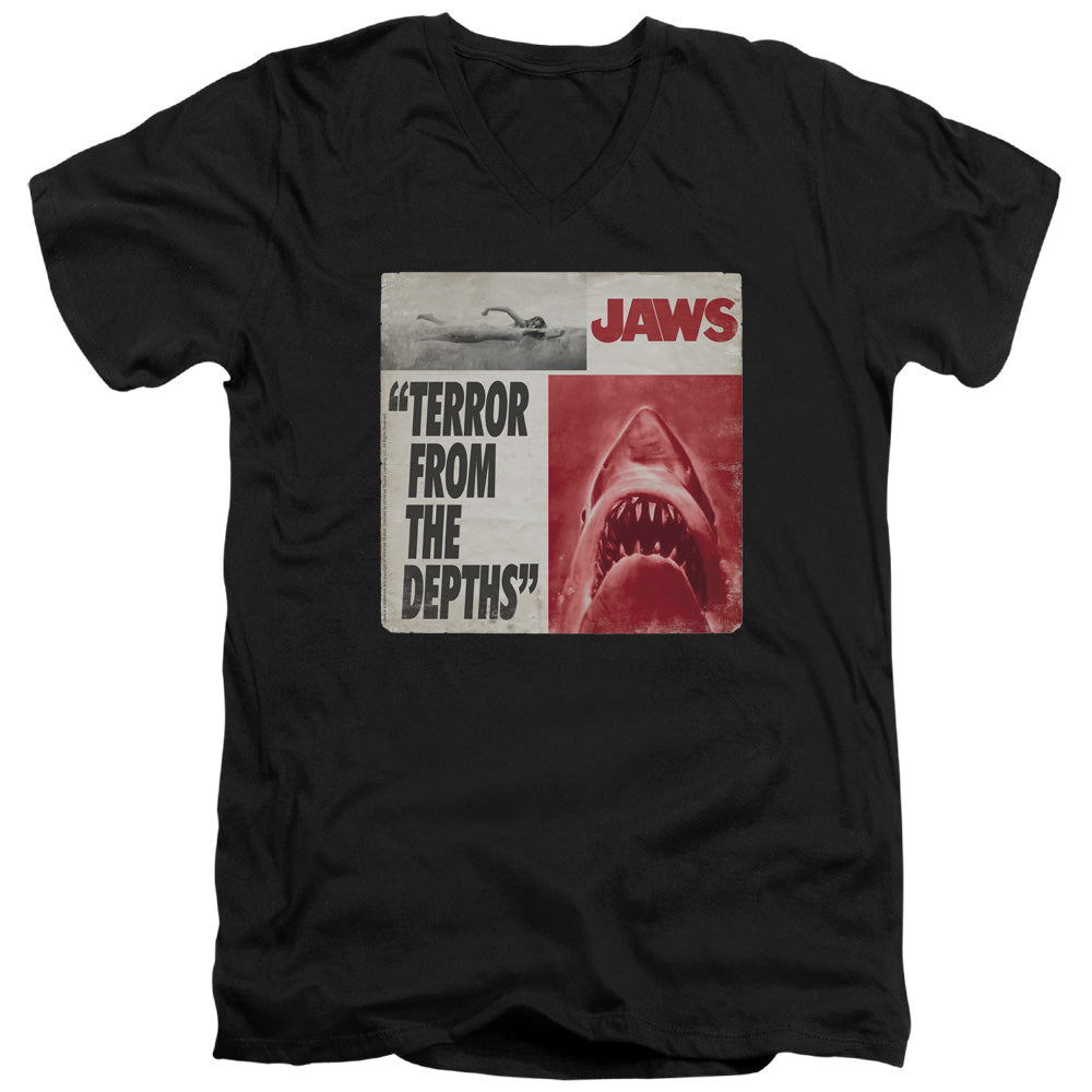 AN OFFCIALLY LICENSED JAWS TERROR MEN'S V-NECK T-SHIRT BLACK