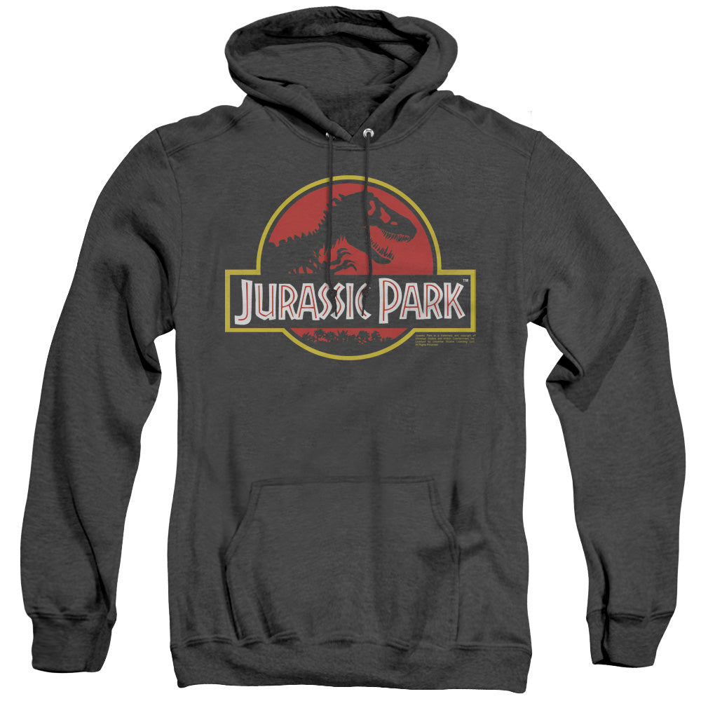 AN OFFCIALLY LICENSED JURASSIC PARK CLASSIC LOGO ADULT UNISEX HEATHER PULLOVER HOODIE BLACK