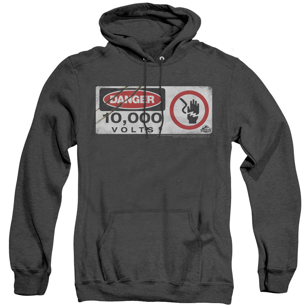 AN OFFCIALLY LICENSED JURASSIC PARK ELECTRIC FENCE SIGN ADULT UNISEX HEATHER PULLOVER HOODIE BLACK