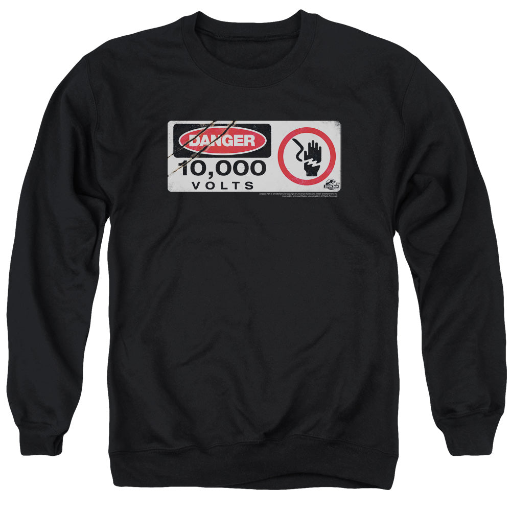 AN OFFCIALLY LICENSED JURASSIC PARK ELECTRIC FENCE SIGN ADULT UNISEX CREWNECK SWEATSHIRT BLACK