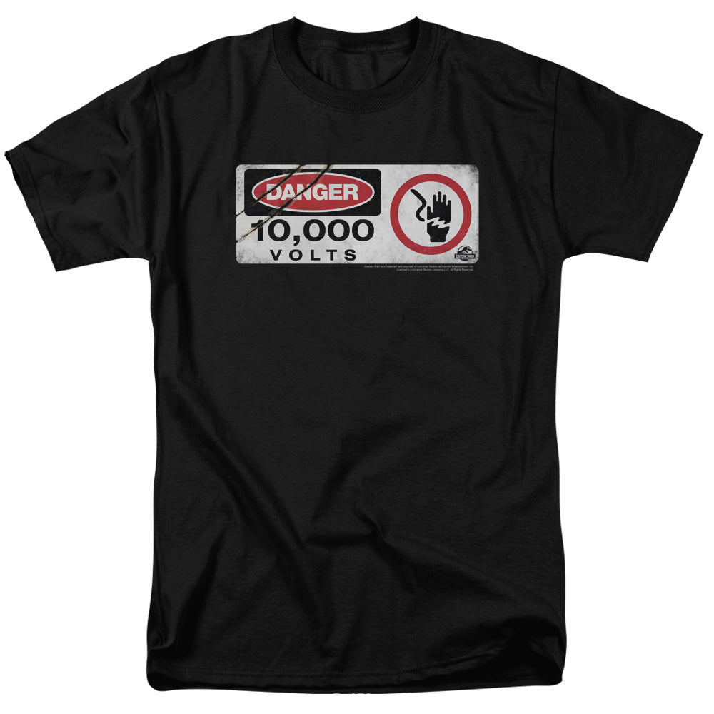 AN OFFCIALLY LICENSED JURASSIC PARK ELECTRIC FENCE SIGN MEN'S REGULAR FIT T-SHIRT BLACK