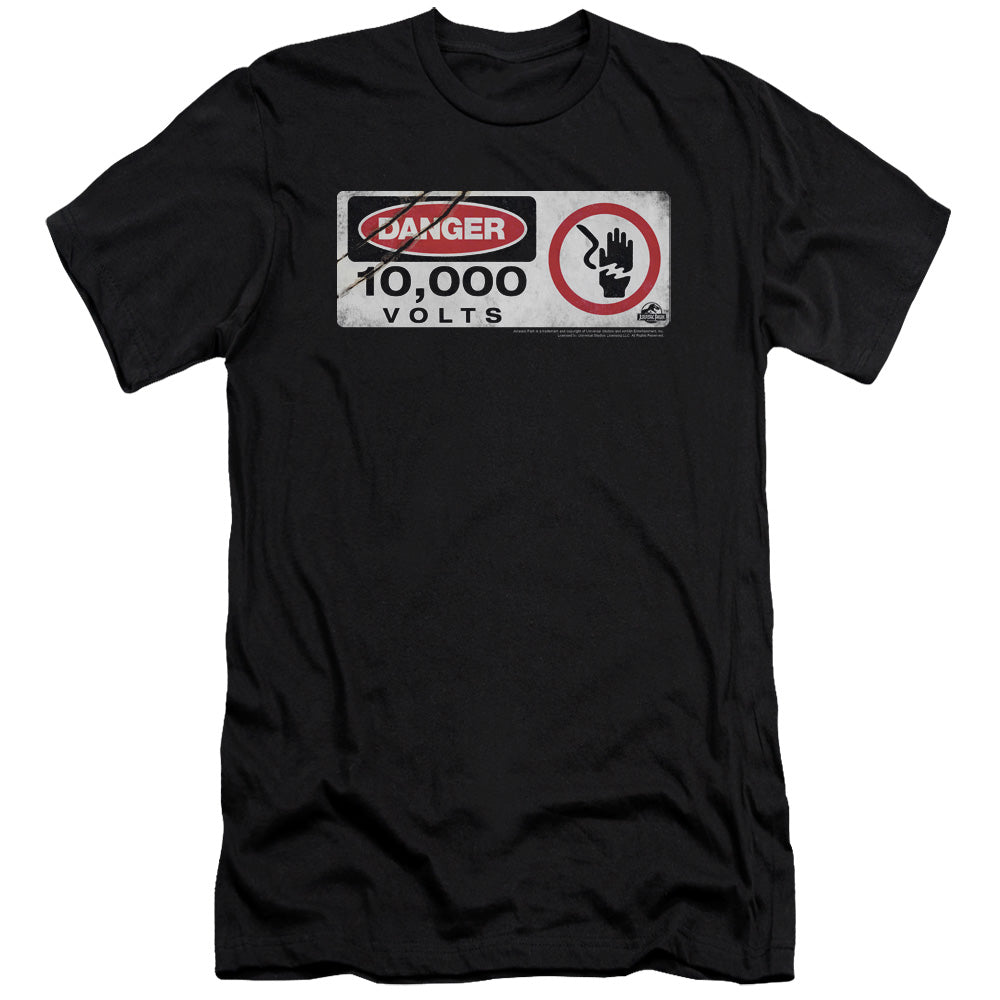 AN OFFCIALLY LICENSED JURASSIC PARK ELECTRIC FENCE SIGN MEN'S PREMIUM SLIM FIT T-SHIRT BLACK