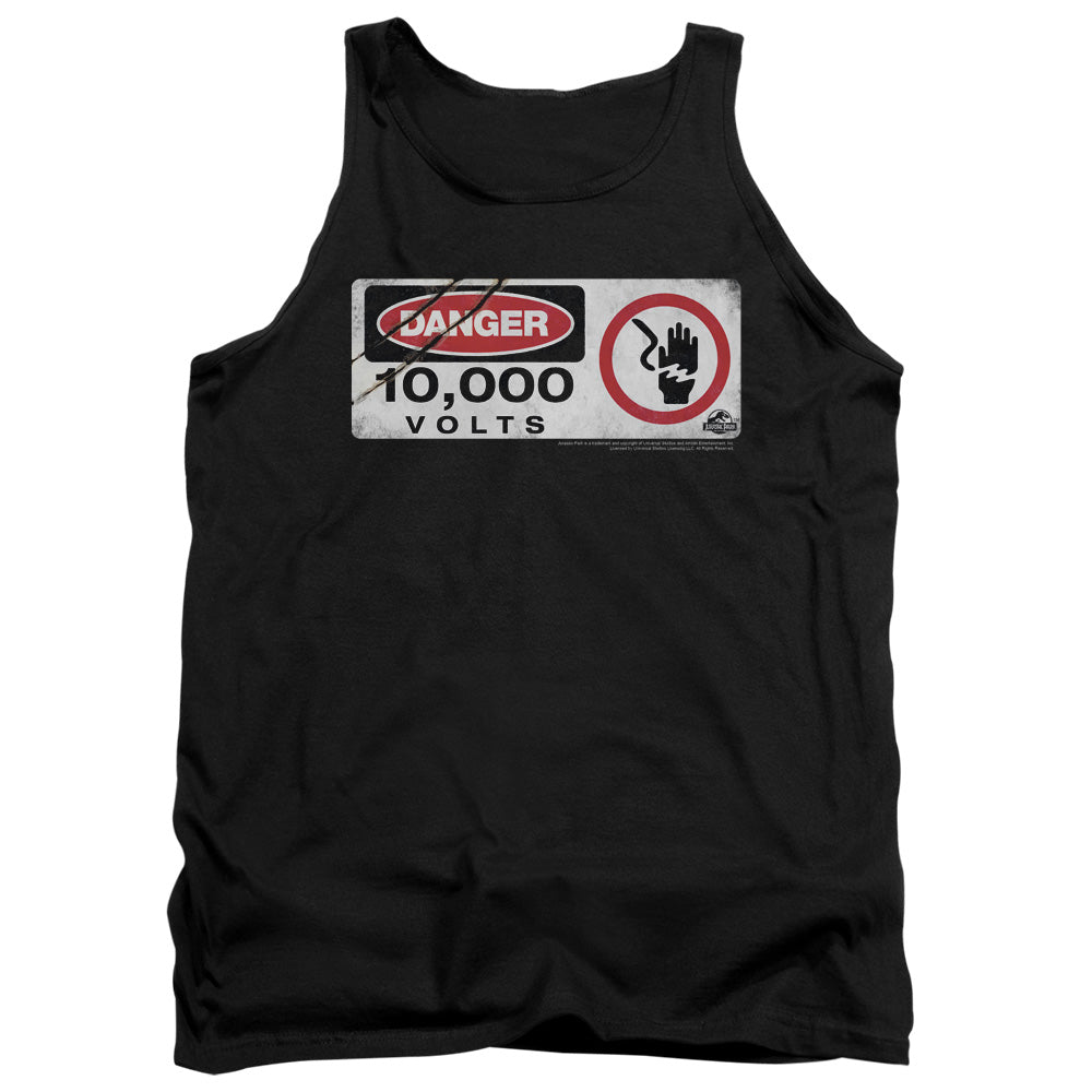 AN OFFCIALLY LICENSED JURASSIC PARK ELECTRIC FENCE SIGN ADULT UNISEX TANK TOP BLACK