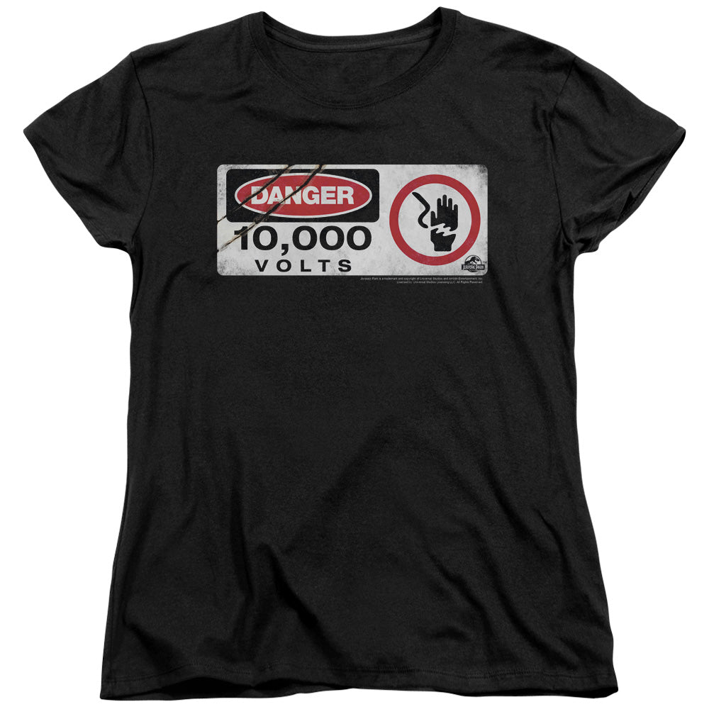 AN OFFCIALLY LICENSED JURASSIC PARK ELECTRIC FENCE SIGN WOMEN'S REGULAR FIT T-SHIRT BLACK