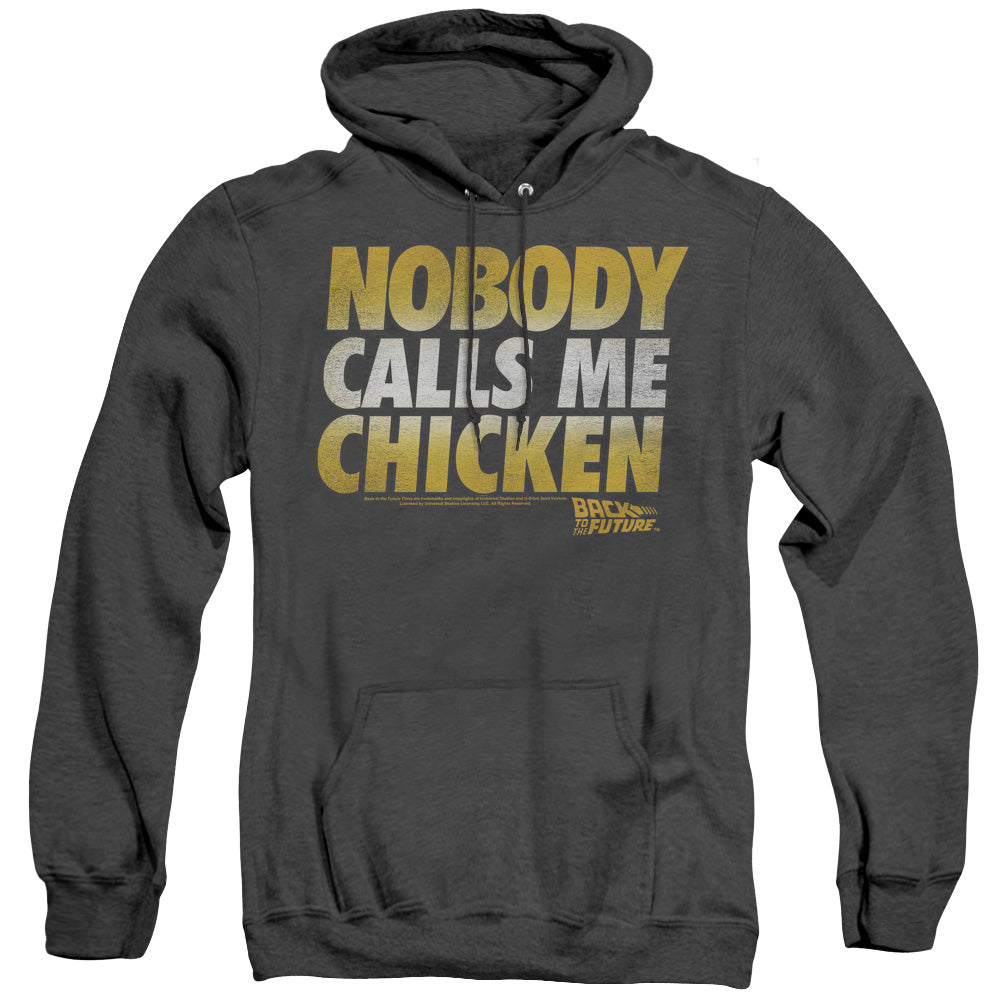 AN OFFCIALLY LICENSED BACK TO THE FUTURE CHICKEN ADULT UNISEX HEATHER PULLOVER HOODIE BLACK