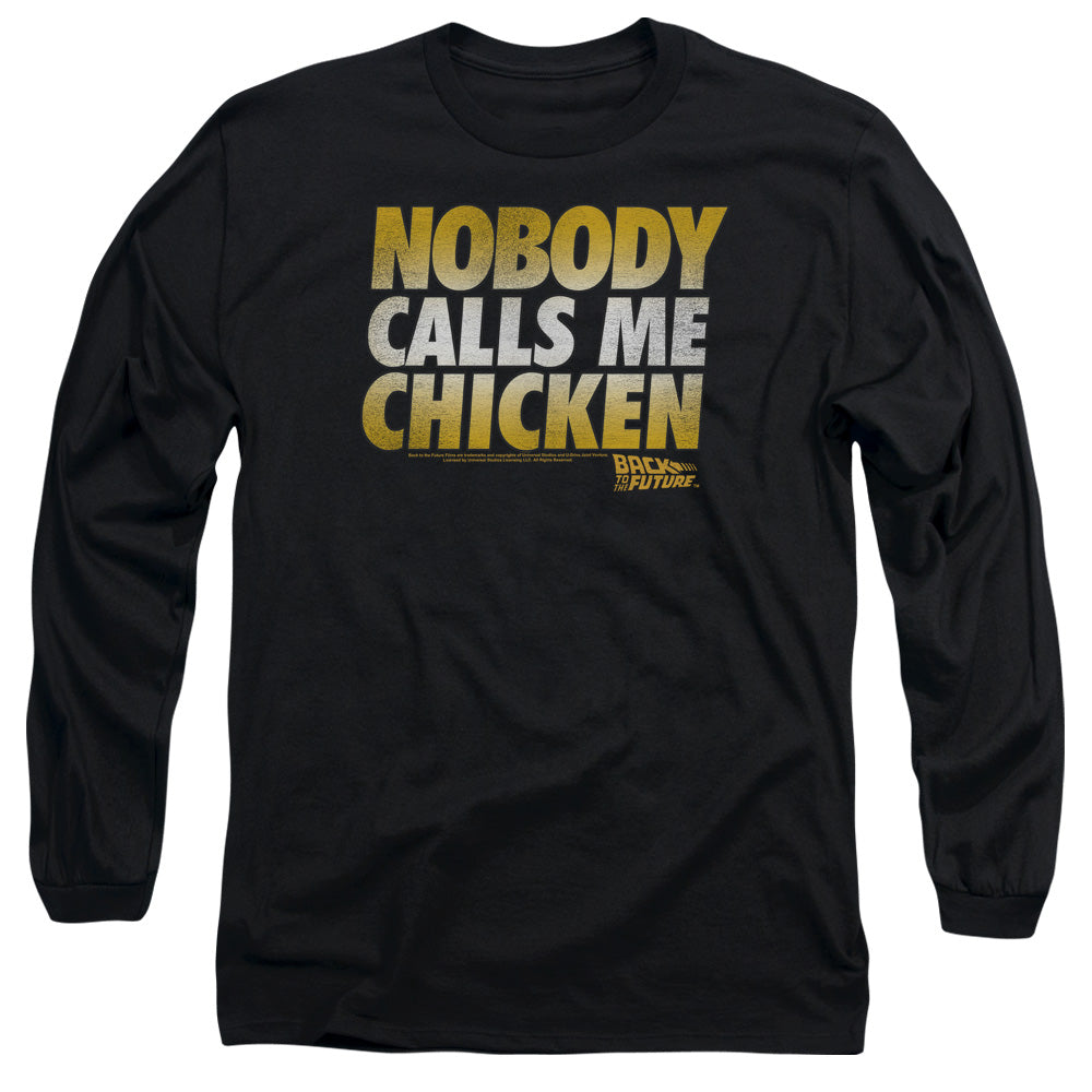 AN OFFCIALLY LICENSED BACK TO THE FUTURE CHICKEN MEN'S LONG SLEEVE T-SHIRT BLACK