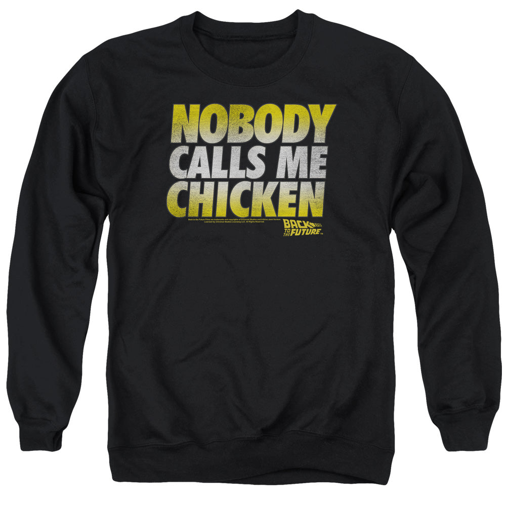 AN OFFCIALLY LICENSED BACK TO THE FUTURE CHICKEN ADULT UNISEX CREWNECK SWEATSHIRT BLACK