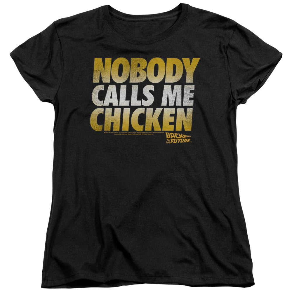 AN OFFCIALLY LICENSED BACK TO THE FUTURE CHICKEN WOMEN'S REGULAR FIT T-SHIRT BLACK