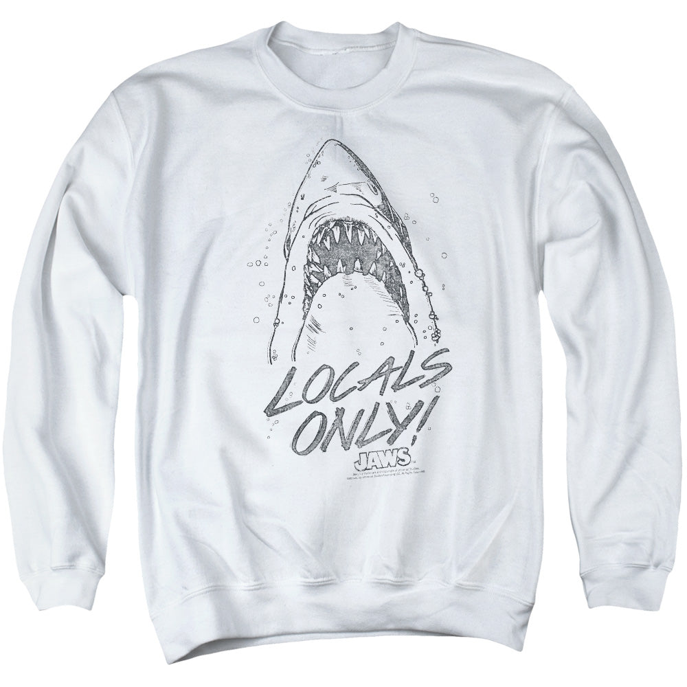 AN OFFCIALLY LICENSED JAWS LOCALS ONLY ADULT UNISEX CREWNECK SWEATSHIRT WHITE