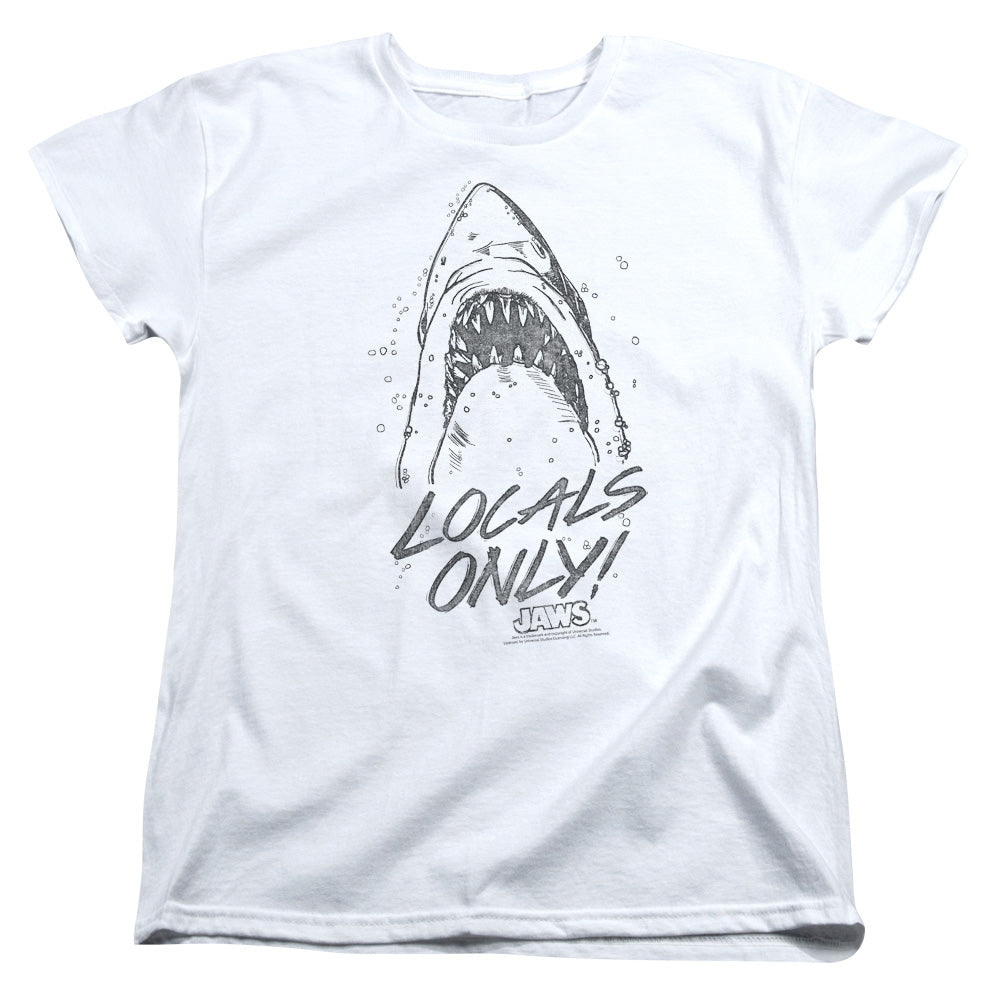 AN OFFCIALLY LICENSED JAWS LOCALS ONLY WOMEN'S REGULAR FIT T-SHIRT WHITE