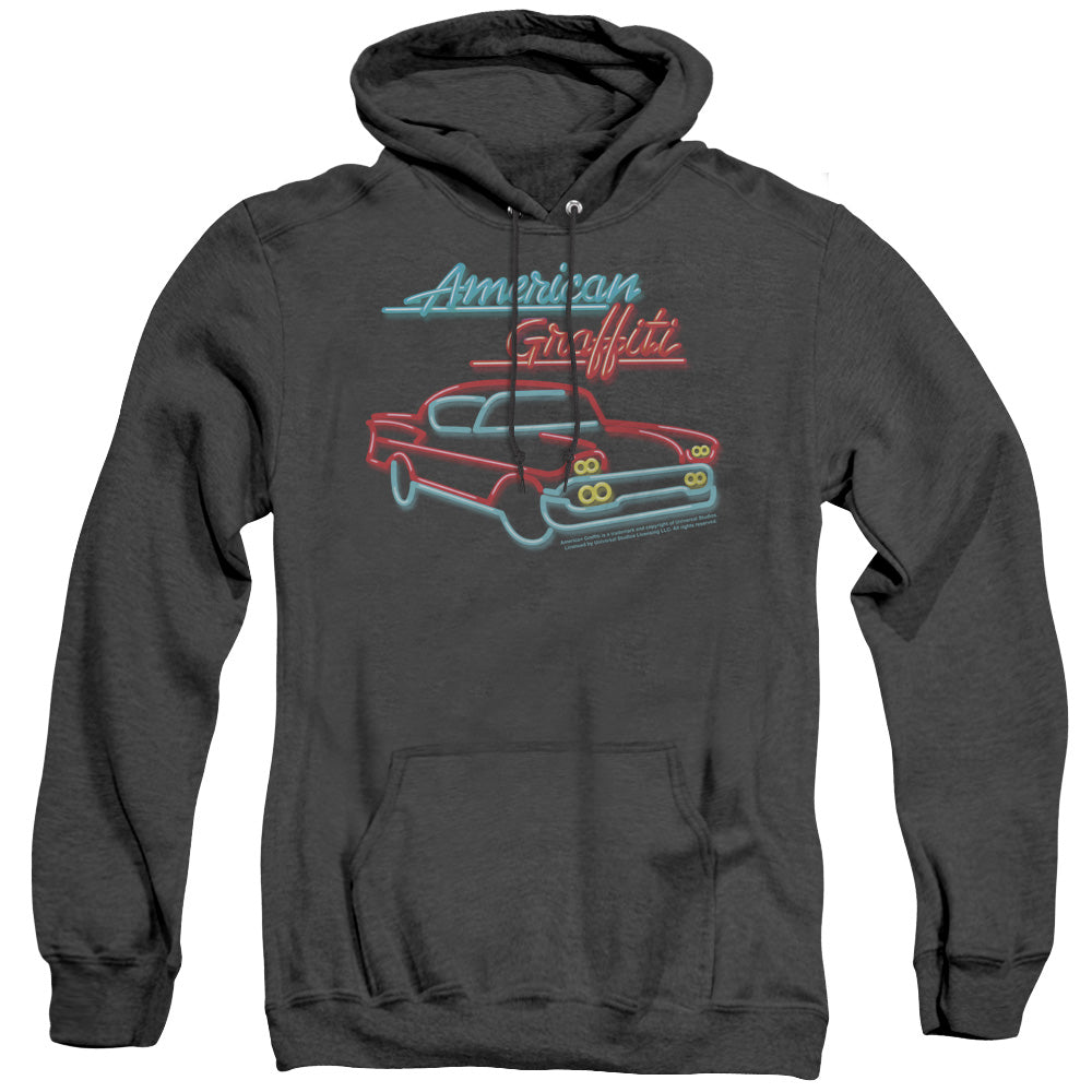 AN OFFCIALLY LICENSED AMERICAN GRAFITTI NEON ADULT UNISEX HEATHER PULLOVER HOODIE BLACK