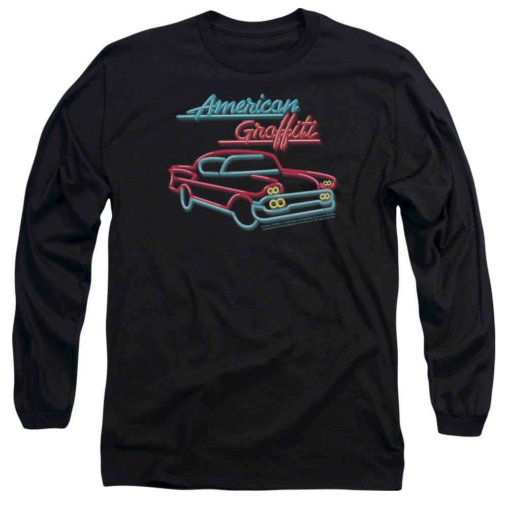 AN OFFCIALLY LICENSED AMERICAN GRAFITTI NEON MEN'S LONG SLEEVE T-SHIRT BLACK