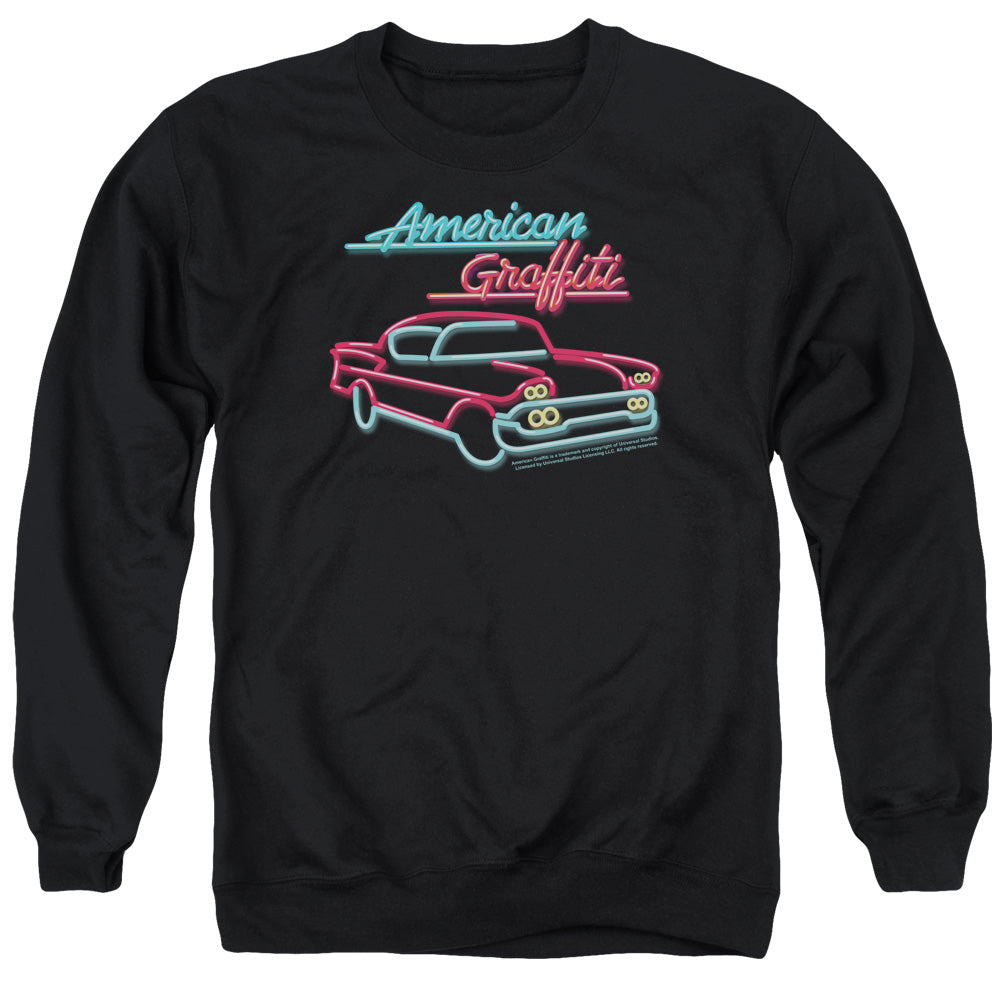 AN OFFCIALLY LICENSED AMERICAN GRAFITTI NEON ADULT UNISEX CREWNECK SWEATSHIRT BLACK