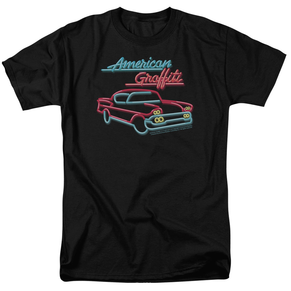 AN OFFCIALLY LICENSED AMERICAN GRAFITTI NEON MEN'S REGULAR FIT T-SHIRT BLACK