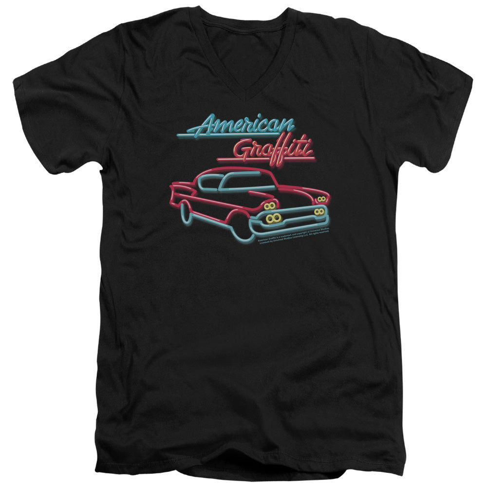 AN OFFCIALLY LICENSED AMERICAN GRAFITTI NEON MEN'S V-NECK T-SHIRT BLACK
