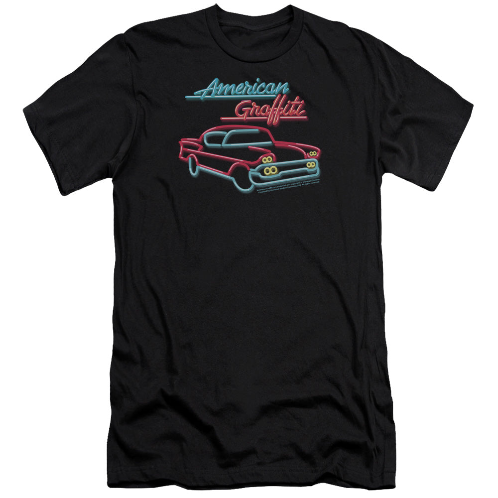 AN OFFCIALLY LICENSED AMERICAN GRAFITTI NEON MEN'S PREMIUM SLIM FIT T-SHIRT BLACK