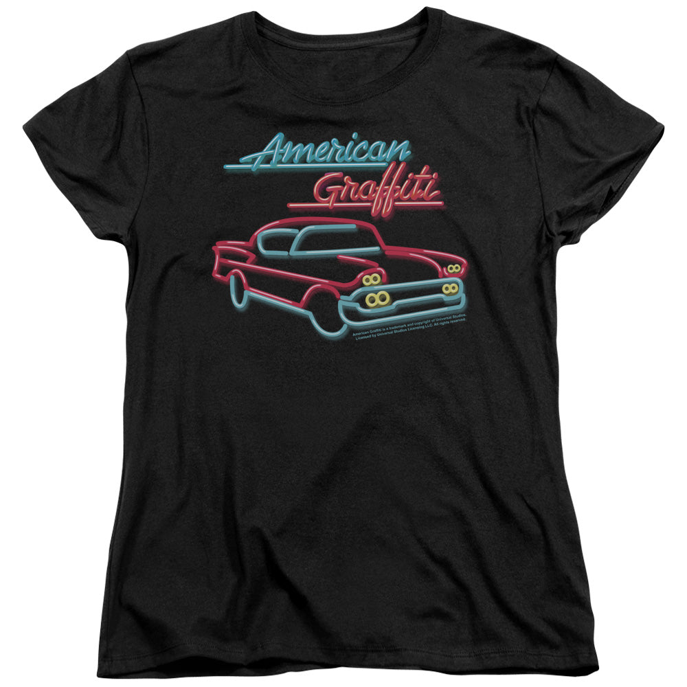 AN OFFCIALLY LICENSED AMERICAN GRAFITTI NEON WOMEN'S REGULAR FIT T-SHIRT BLACK
