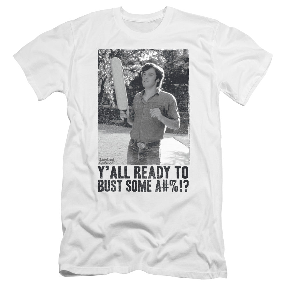 AN OFFCIALLY LICENSED DAZED AND CONFUSED PADDLE MEN'S PREMIUM SLIM FIT T-SHIRT WHITE