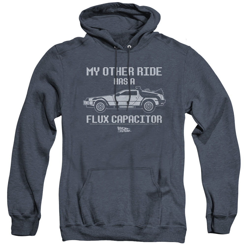 AN OFFCIALLY LICENSED BACK TO THE FUTURE OTHER RIDE ADULT UNISEX HEATHER PULLOVER HOODIE NAVY