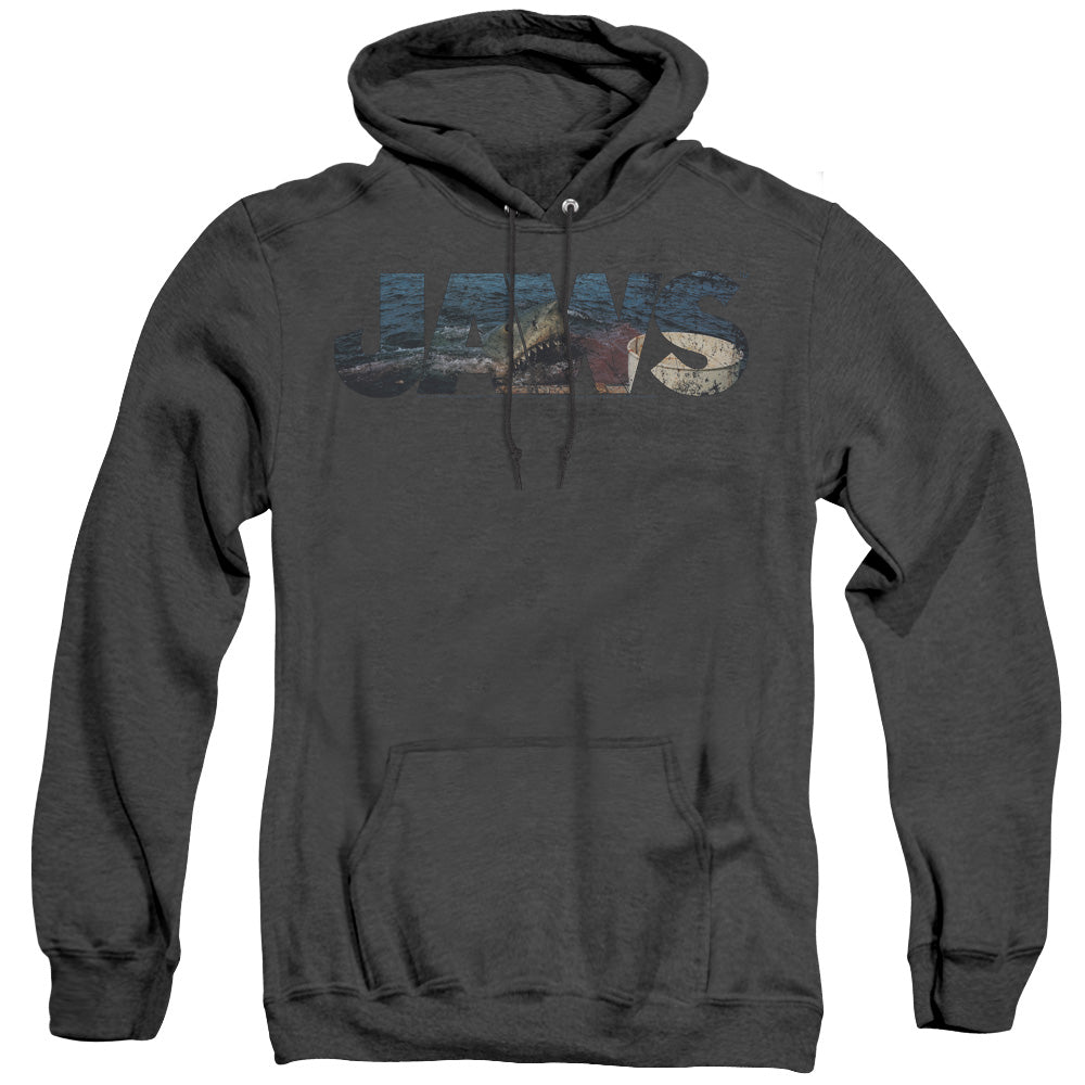 AN OFFCIALLY LICENSED JAWS LOGO CUTOUT ADULT UNISEX HEATHER PULLOVER HOODIE BLACK