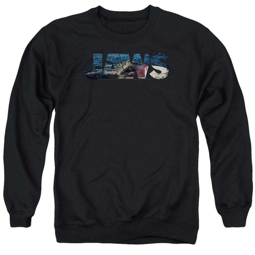 AN OFFCIALLY LICENSED JAWS LOGO CUTOUT ADULT UNISEX CREWNECK SWEATSHIRT BLACK