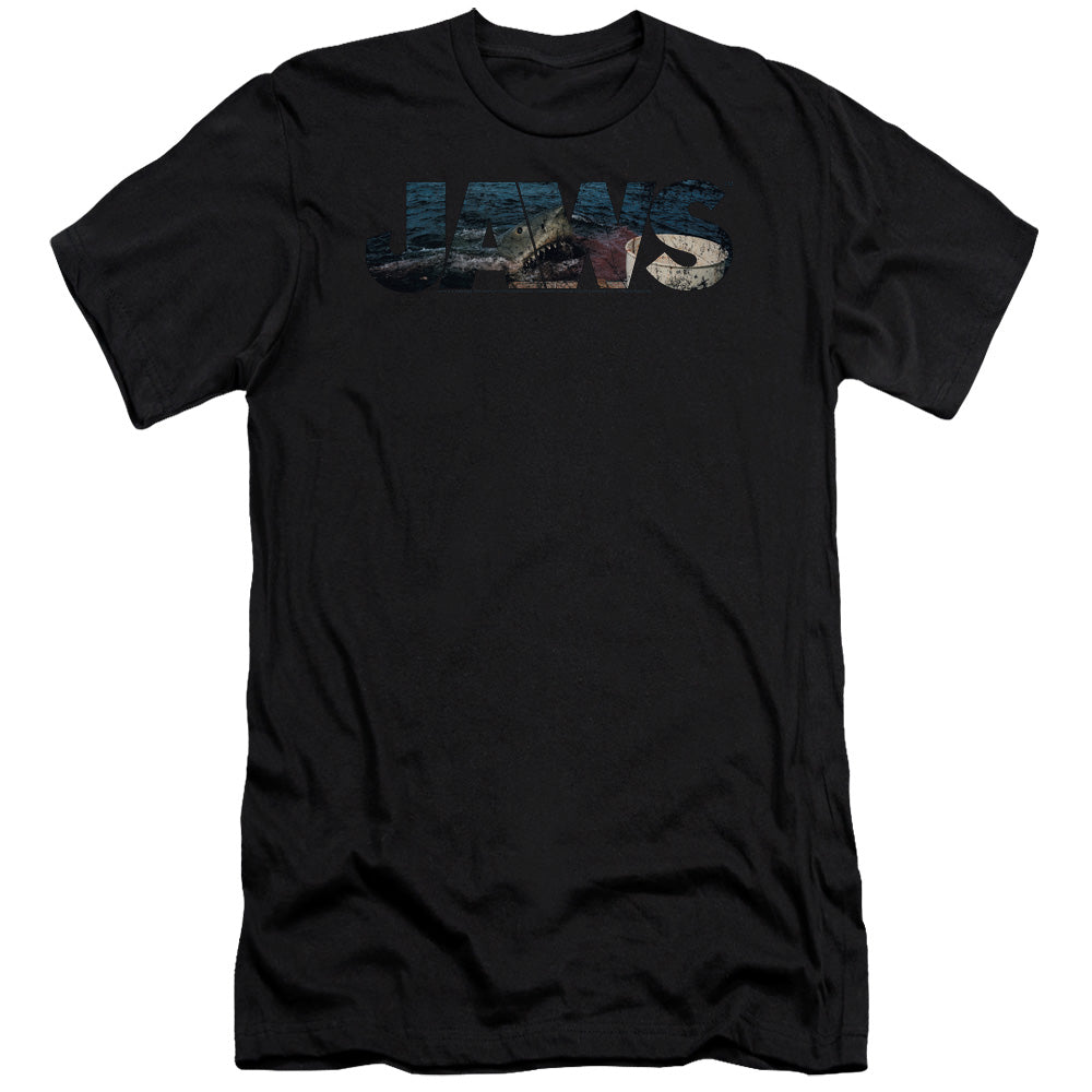 AN OFFCIALLY LICENSED JAWS LOGO CUTOUT MEN'S PREMIUM SLIM FIT T-SHIRT BLACK