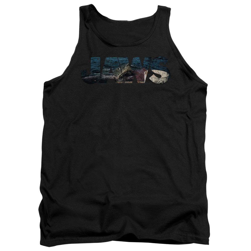 AN OFFCIALLY LICENSED JAWS LOGO CUTOUT ADULT UNISEX TANK TOP BLACK
