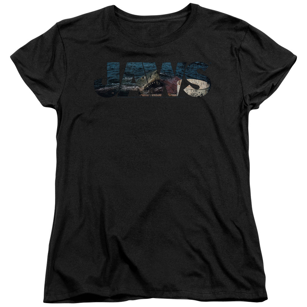AN OFFCIALLY LICENSED JAWS LOGO CUTOUT WOMEN'S REGULAR FIT T-SHIRT BLACK
