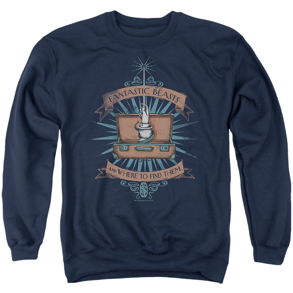 AN OFFCIALLY LICENSED FANTASTIC BEASTS BRIEFCASE ADULT UNISEX CREWNECK SWEATSHIRT NAVY
