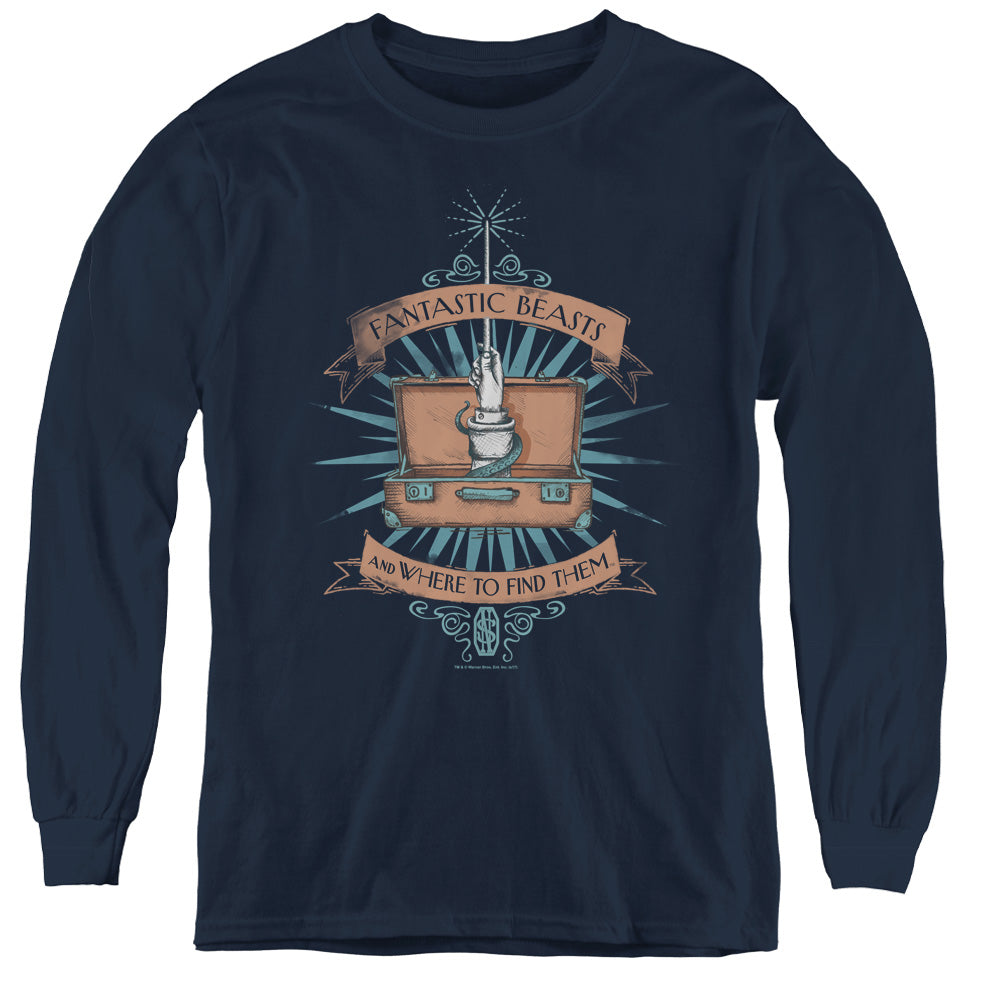 AN OFFCIALLY LICENSED FANTASTIC BEASTS BRIEFCASE YOUTH LONG SLEEVE T-SHIRT NAVY