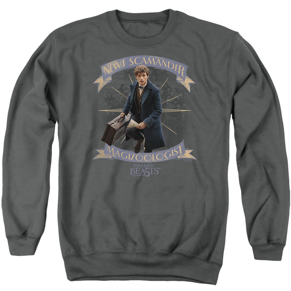 AN OFFCIALLY LICENSED FANTASTIC BEASTS NEWT SCAMANDER ADULT UNISEX CREWNECK SWEATSHIRT CHARCOAL