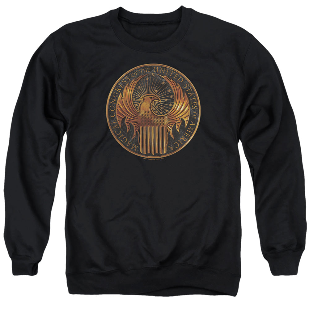 AN OFFCIALLY LICENSED FANTASTIC BEASTS MAGICAL CONGRESS CREST ADULT UNISEX CREWNECK SWEATSHIRT BLACK