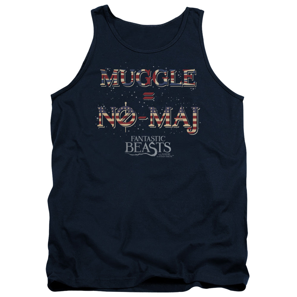 AN OFFCIALLY LICENSED FANTASTIC BEASTS UK US NO MAJ ADULT UNISEX TANK TOP NAVY