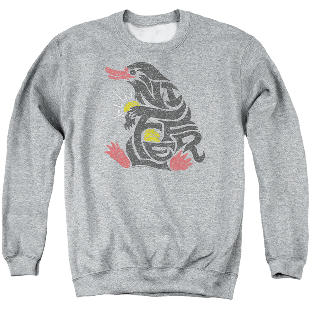AN OFFCIALLY LICENSED FANTASTIC BEASTS NIFFLER ADULT UNISEX CREWNECK SWEATSHIRT ATHLETIC HEATHER