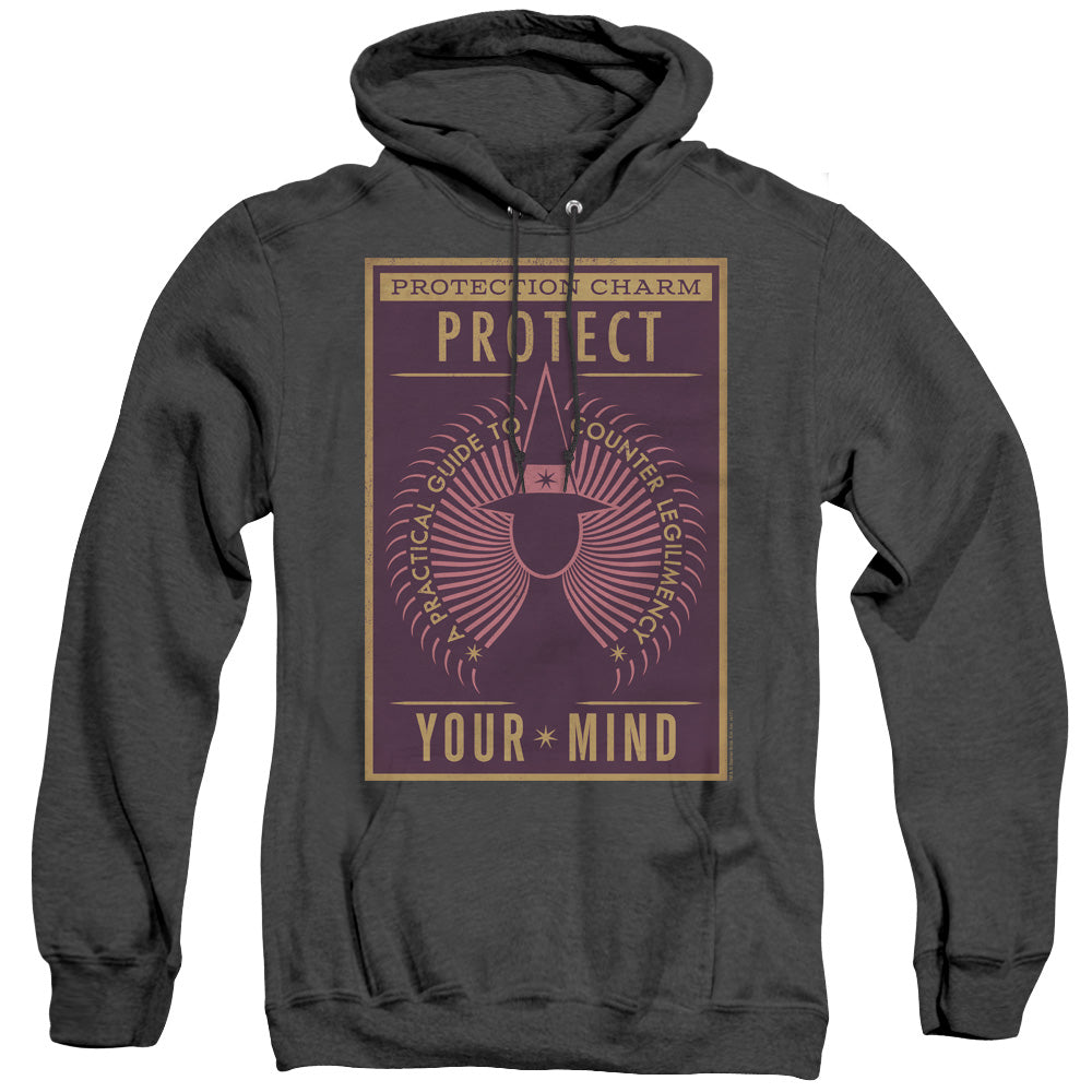 AN OFFCIALLY LICENSED FANTASTIC BEASTS PROTECT YOUR MIND ADULT UNISEX HEATHER PULLOVER HOODIE BLACK
