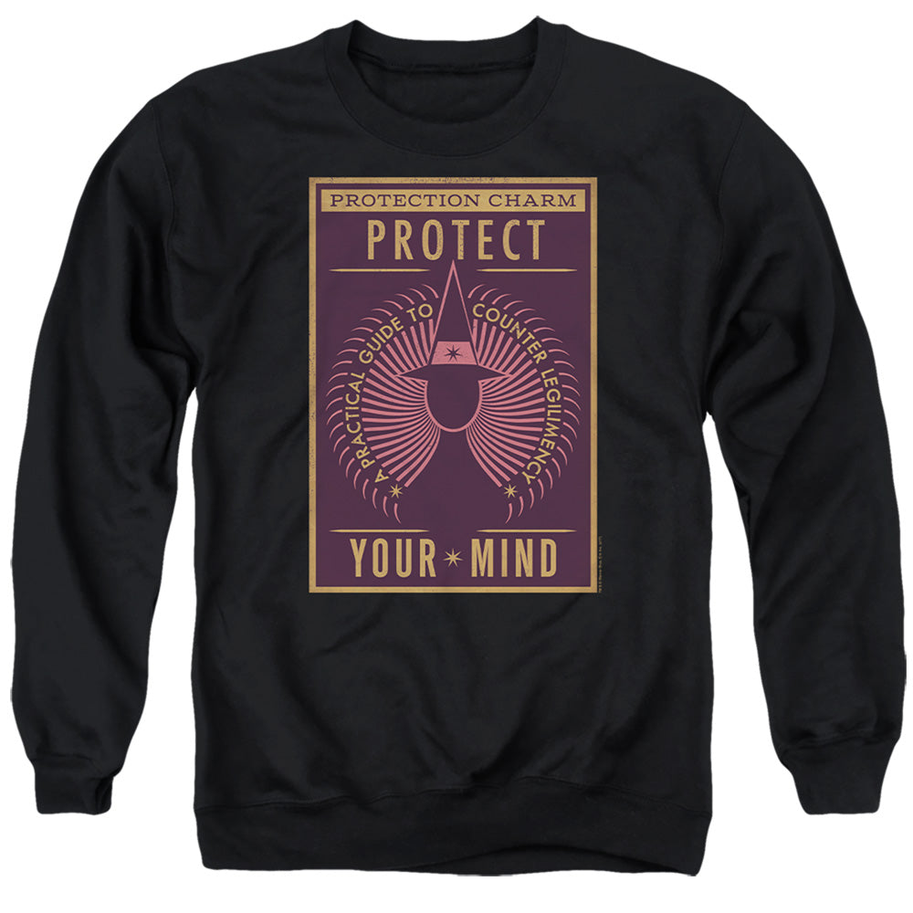 AN OFFCIALLY LICENSED FANTASTIC BEASTS PROTECT YOUR MIND ADULT UNISEX CREWNECK SWEATSHIRT BLACK