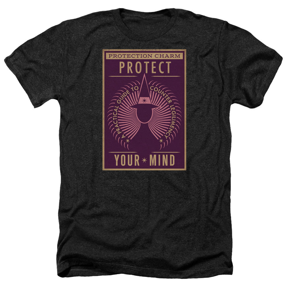 AN OFFCIALLY LICENSED FANTASTIC BEASTS PROTECT YOUR MIND MEN'S HEATHER T-SHIRT CHARCOAL