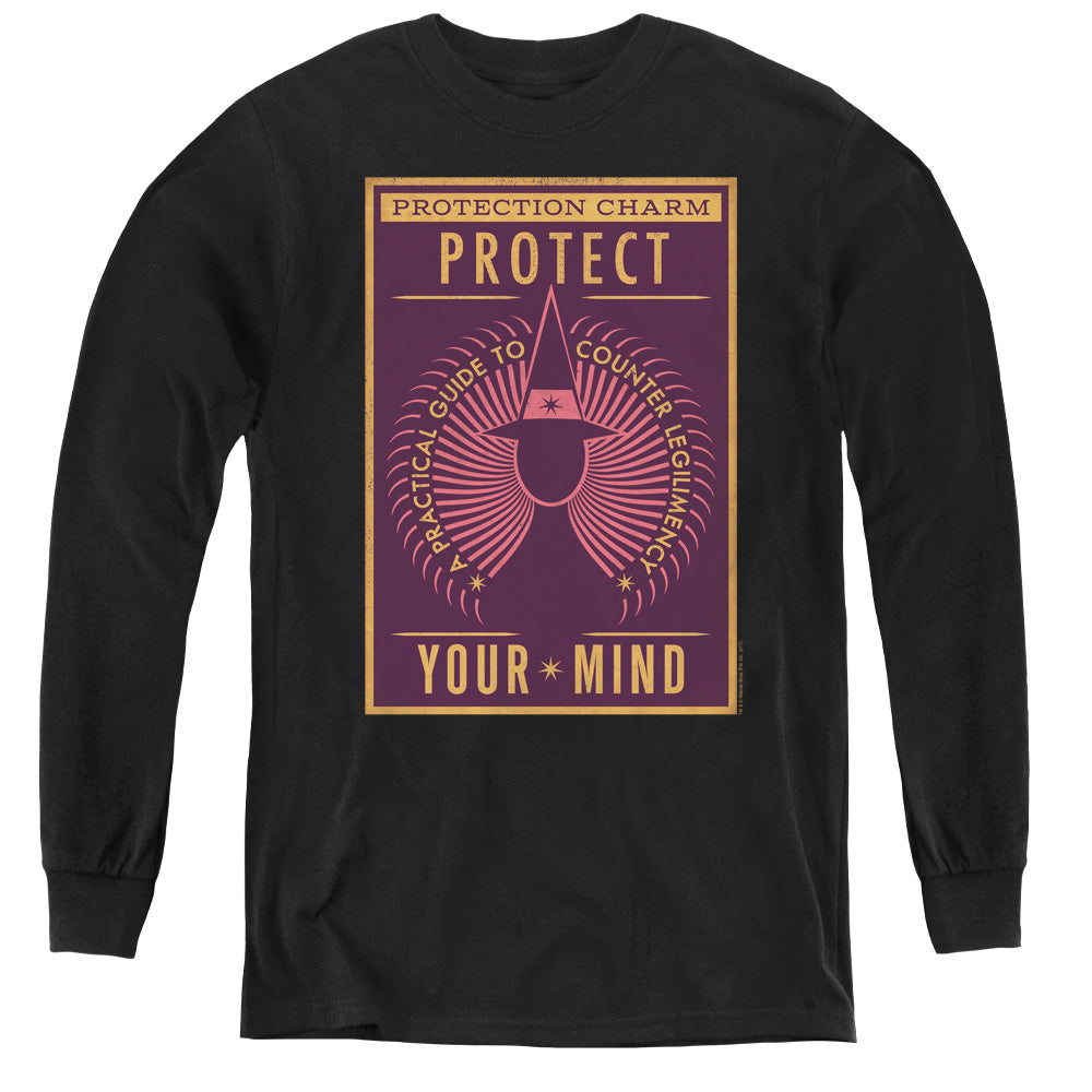 AN OFFCIALLY LICENSED FANTASTIC BEASTS PROTECT YOUR MIND YOUTH LONG SLEEVE T-SHIRT BLACK