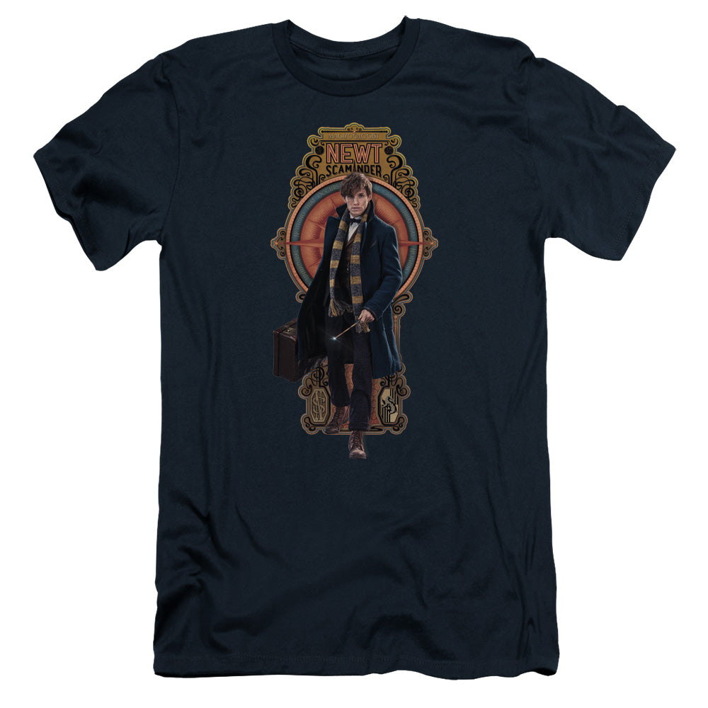 AN OFFCIALLY LICENSED FANTASTIC BEASTS NEWT SCAMANDER MEN'S PREMIUM SLIM FIT T-SHIRT NAVY