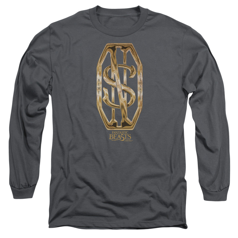 AN OFFCIALLY LICENSED FANTASTIC BEASTS SCAMANDER MONOGRAM MEN'S LONG SLEEVE T-SHIRT CHARCOAL