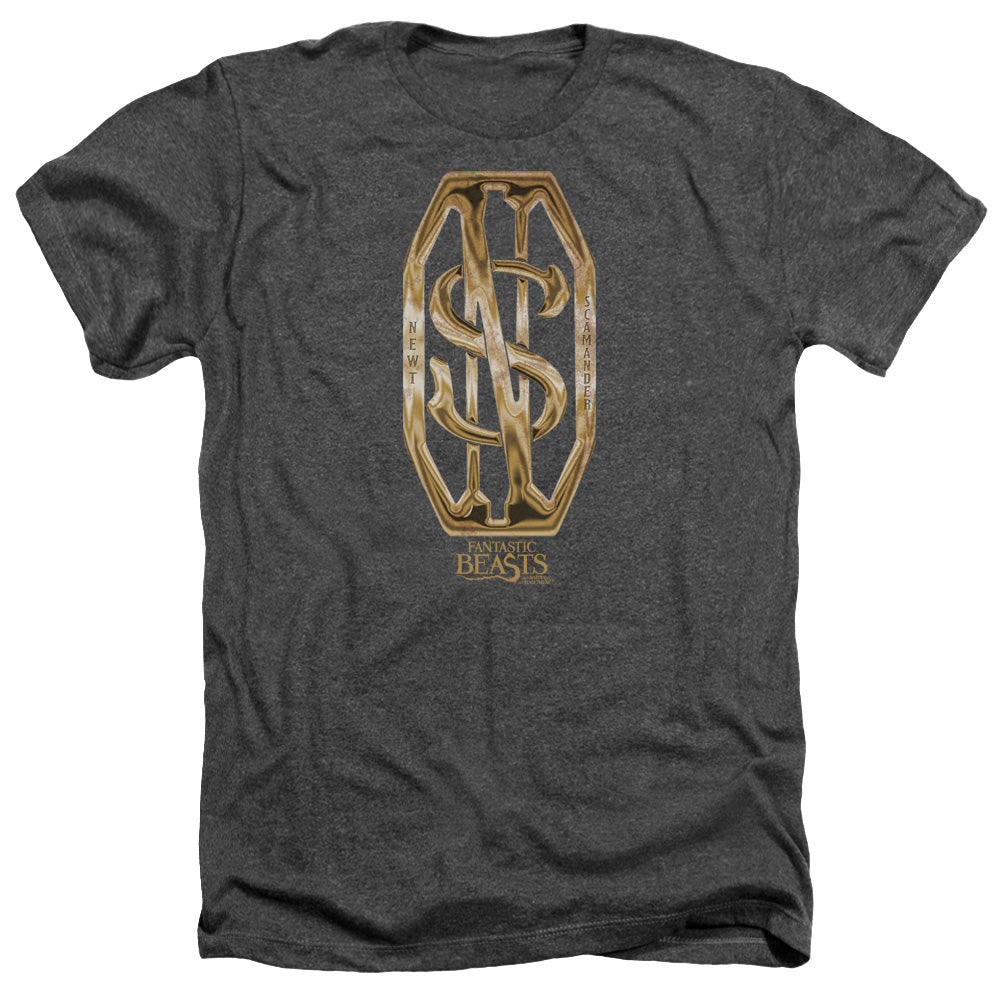 AN OFFCIALLY LICENSED FANTASTIC BEASTS SCAMANDER MONOGRAM MEN'S HEATHER T-SHIRT CHARCOAL