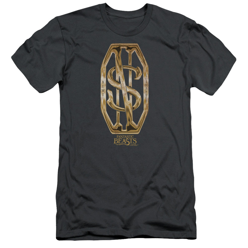 AN OFFCIALLY LICENSED FANTASTIC BEASTS SCAMANDER MONOGRAM MEN'S PREMIUM SLIM FIT T-SHIRT CHARCOAL