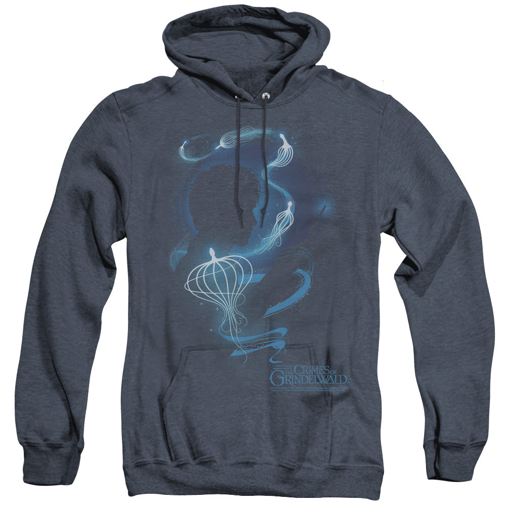 AN OFFCIALLY LICENSED FANTASTIC BEASTS 2 NEWT SILHOUETTE ADULT UNISEX HEATHER PULLOVER HOODIE NAVY