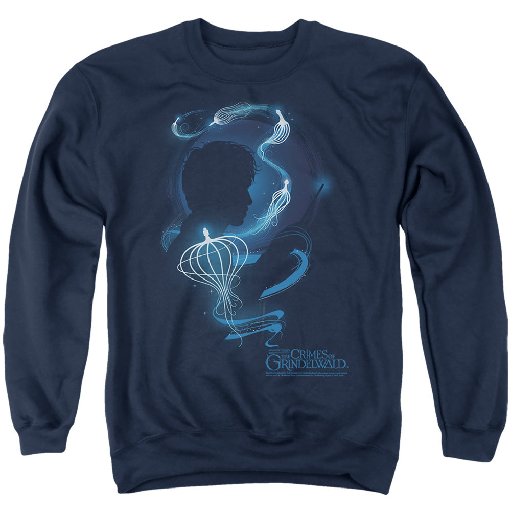 AN OFFCIALLY LICENSED FANTASTIC BEASTS 2 NEWT SILHOUETTE ADULT UNISEX CREWNECK SWEATSHIRT NAVY