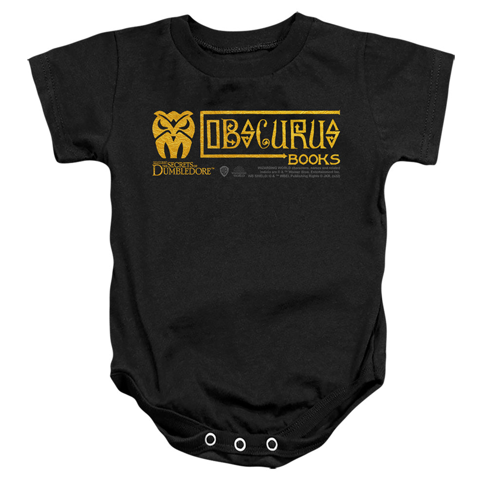 AN OFFCIALLY LICENSED FANTASTIC BEASTS THE SECRETS OF DUMBLEDORE OBSCURUS BOOKS LOGO BABY BODYSUIT BLACK