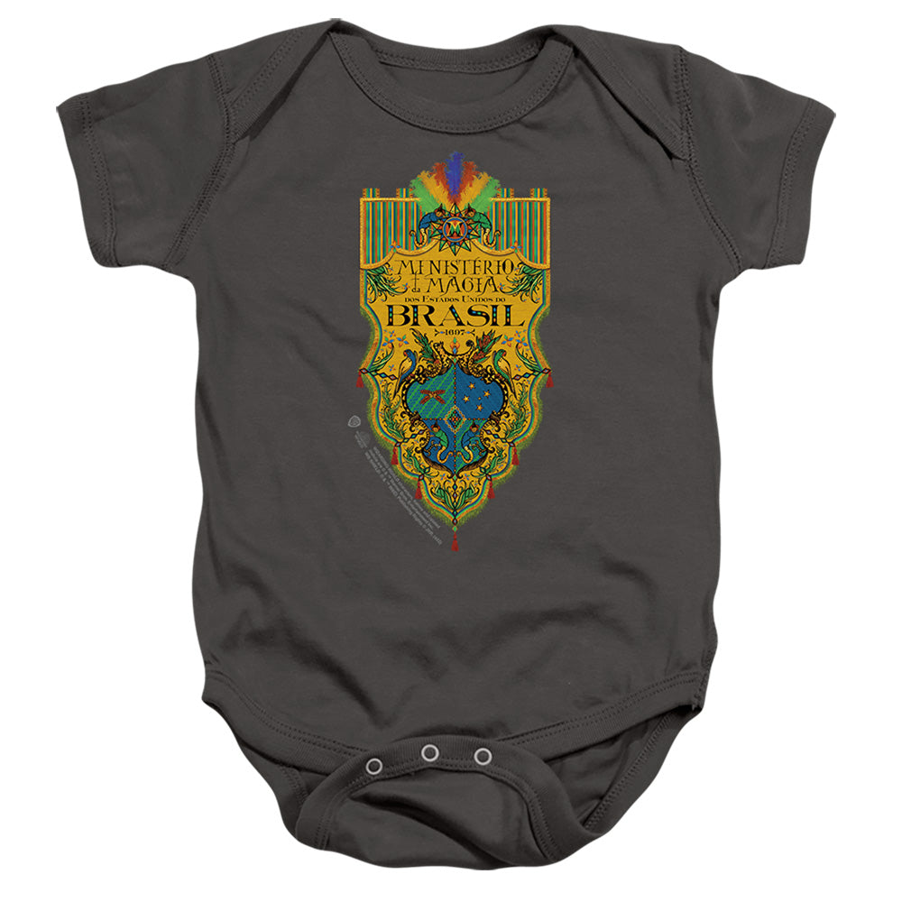 AN OFFCIALLY LICENSED FANTASTIC BEASTS THE SECRETS OF DUMBLEDORE BRAZIL MINISTRY FLAG BABY BODYSUIT CHARCOAL