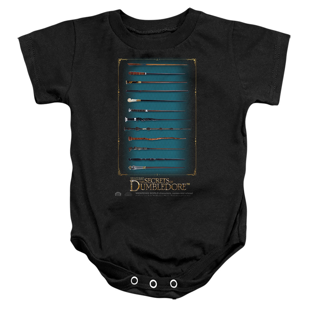AN OFFCIALLY LICENSED FANTASTIC BEASTS THE SECRETS OF DUMBLEDORE WANDS BABY BODYSUIT BLACK
