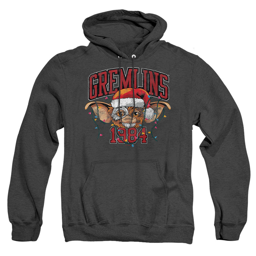 AN OFFCIALLY LICENSED GREMLINS VARSITY CHRISTMAS ADULT UNISEX HEATHER PULLOVER HOODIE BLACK